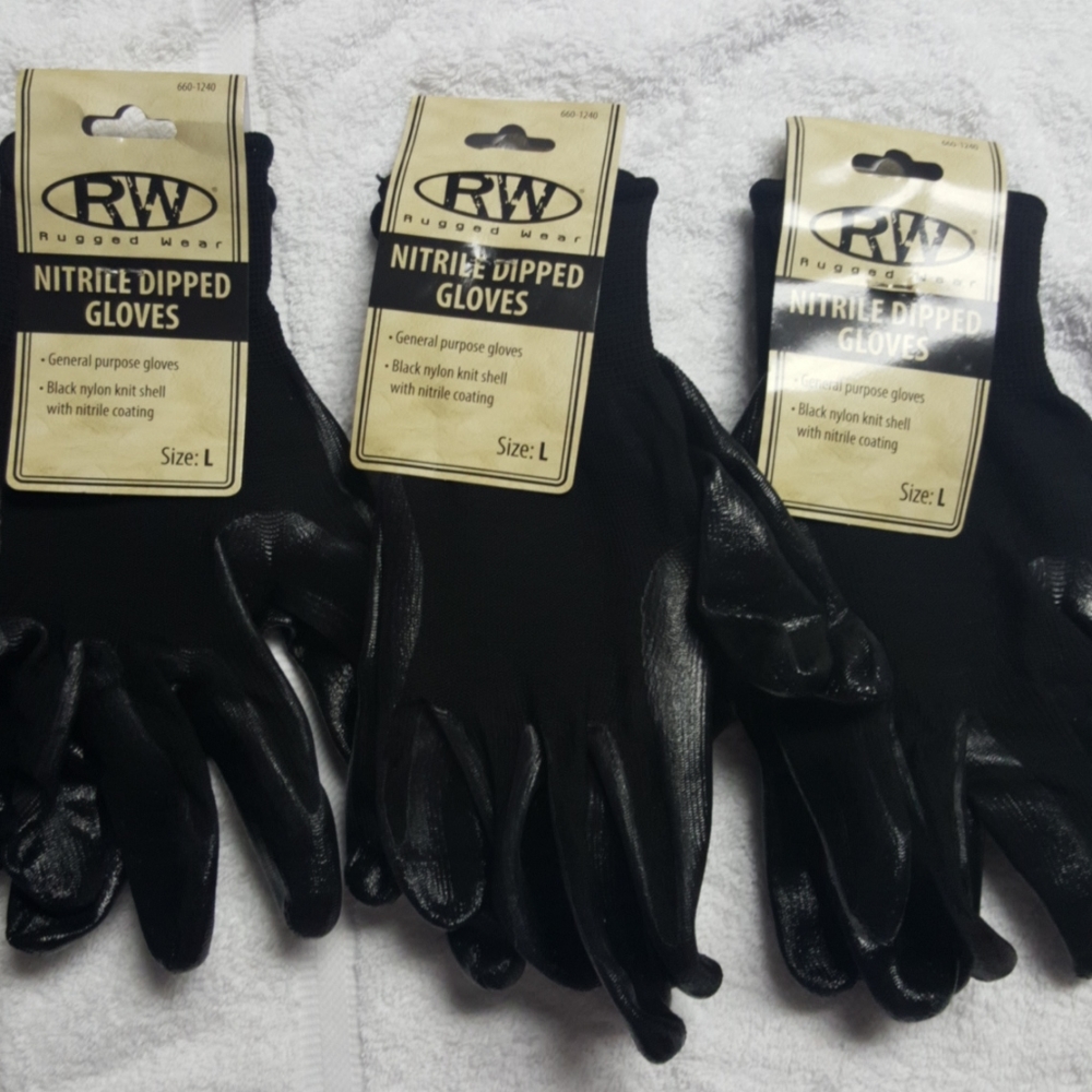 Lot of 3 NWT Rugged wear nitrile dipped gloves general purpose black nylon LARGE